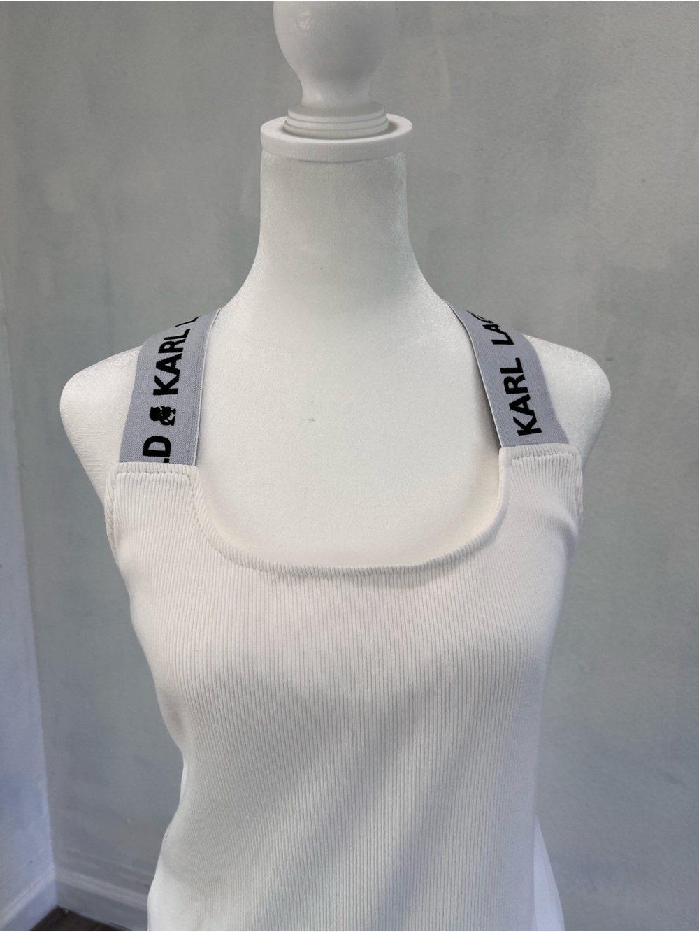 Karl Lagerfeld White Ribbed Tank with Logo Straps